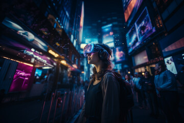 Enhanced reality technologies in the entertainment. Young caucasian girl is wearing virtual reality goggles in the big city. Brunette female is walking in the busy street with neon signs in the night - obrazy, fototapety, plakaty