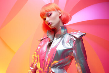 Edgy Woman with Vibrant Orange Hair, Metallic Fashion Jacket, against Colorful Backdrop