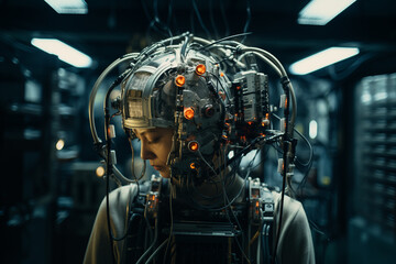Neurocomputer interfaces. A woman is wearing brainwave scanning headset indoors. Futuristic scene of post-apocalyptic world