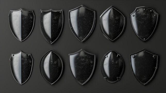 A collection of black shields on a black background. Ideal for graphic design projects and presentations