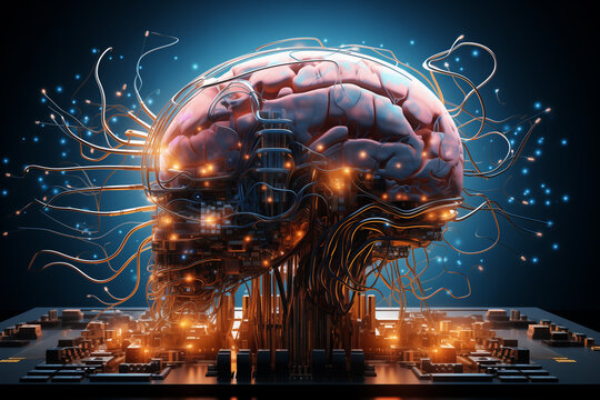 Neurocomputer interfaces.  Artificial Intelligence Digital Brain bid Data. Illustration of thinking process. Future technology animation, AI deep learning computer machine