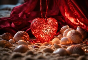 Among the white shells on the sandy beach lies a red openwork heart  with the coming from within  against the background of burgundy satin - obrazy, fototapety, plakaty