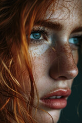 A close-up view of a woman's face, highlighting her freckles. This image can be used to represent natural beauty or diversity