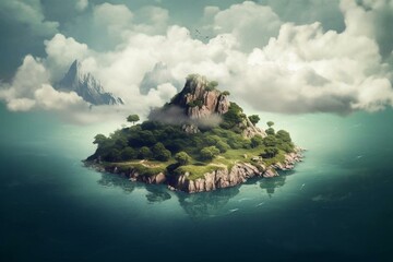A solitary island amidst ocean, land, and water, with a distant majestic mountain and floating clouds above. Generative AI