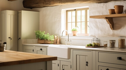 Farmhouse kitchen decor and interior design, English in frame kitchen cabinets in a country house, elegant cottage style - obrazy, fototapety, plakaty