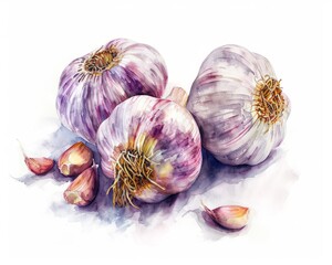 Rustic Kitchen Garlic Illustration in Watercolor Technique
