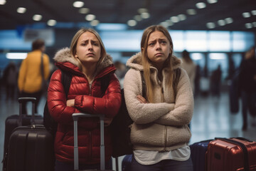 Two teenage girls with suitcases standing in airport. People stuck in airport due to flight delays,...