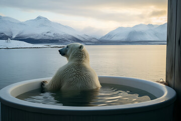 a sad white polar bear  sitting in Jacuzzi and looking on ice melting
