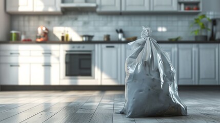 Bag with garbage and rubbish bin in kitchen 