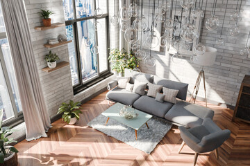 top down view on cozy couch living room interior design; contemporary luxurious design ideas and concepts; glas hanging lamps on ceiling and panoramic big city skyline view; 3D rendering