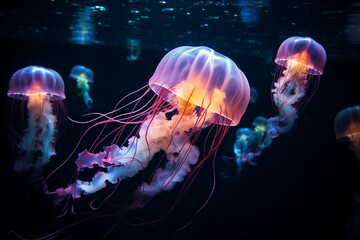 Fluorescent jellyfish dances gracefully underwater

