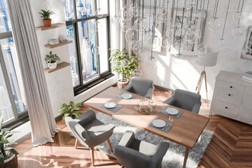 top down view on dining room interior design; contemporary luxurious design ideas and concepts; glas hanging lamps on ceiling and panoramic big city skyline view; 3D rendering