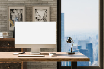 frontal view on modern clean pc workplace; white monitor with copy space; minimalist office background with panoramic view on big city skyline; digital home office concept; 3D rendering