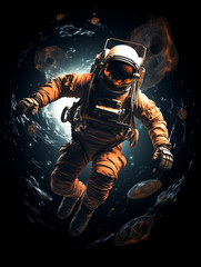 Fototapeta premium T-shirt design, victorian old photo of astronaut floating in space in earth's orbit near a space capsule created with Generative Ai