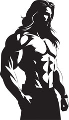 Striking Strength Long Haired Male Bodybuilder Logo Muscular Flow Vector Icon of Long Haired Bodybuilder