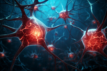 Conceptual illustration of neuron cells with glowing link knots. Synapse and Neuron cells sending electrical chemical signals. Generative ai	 - 713564887