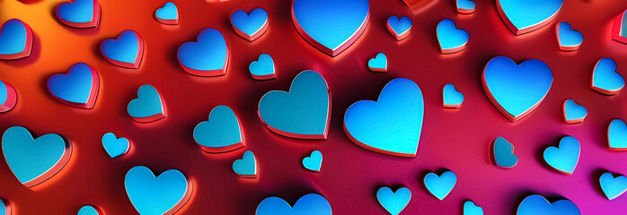 Several small blue hearts with a metallic sheen lie on a red background. - obrazy, fototapety, plakaty