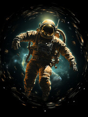 Fototapeta premium T-shirt design, victorian old photo of astronaut floating in space in earth's orbit near a space capsule created with Generative Ai