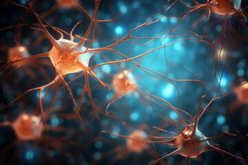 Conceptual illustration of neuron cells with glowing link knots. Synapse and Neuron cells sending electrical chemical signals. Generative ai	