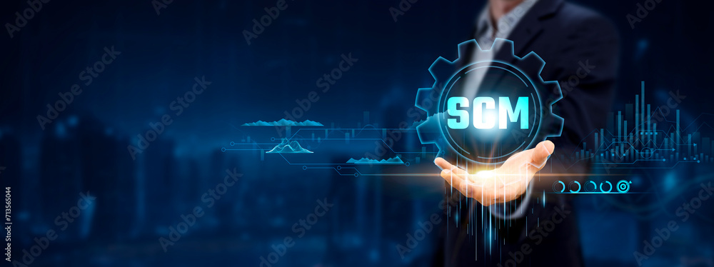 Poster supply chain management (scm): businessman holding icon with scm solutions on analysis chart and net
