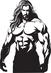 Dynamic Dominance Fitness Logo in Vector Luscious Vigor Long Haired Bodybuilder Emblem