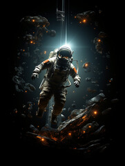 T-shirt design, victorian old photo of astronaut floating in space in earth's orbit near a space capsule created with Generative Ai