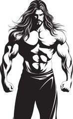 Fitness Cascade Vector Icon with Long Haired Model Tress Titan Triumph Muscular Emblem Design