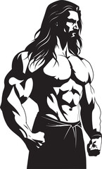 Fitness Cascade Vector Icon with Long Haired Model Tress Titan Triumph Muscular Emblem Design