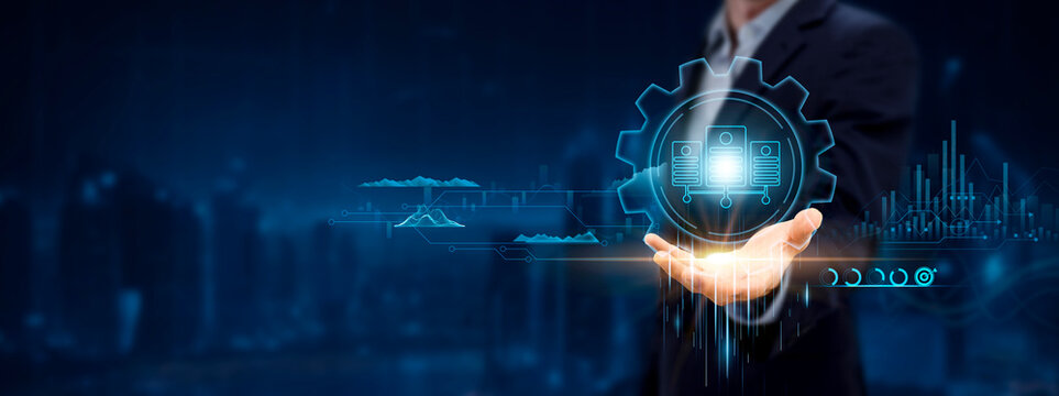 DATABASE MANAGEMENT. Businessman Holding Icon with Data Storage, Query Optimization, Database Security on Analysis Chart and Networking.