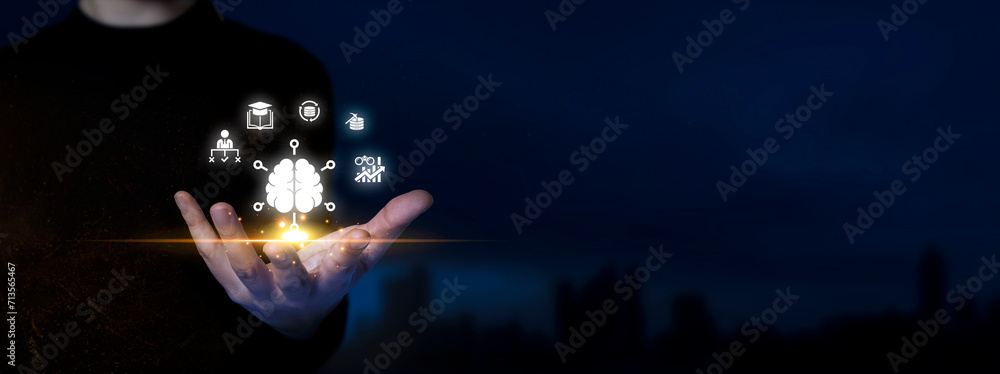 Poster bi. man holds data analytics icons. business intelligence, visualization on virtual business intelli