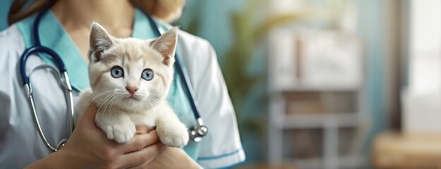 A kitten being held by a person in medical scrubs with a blurred background. Medical care for animals in a veterinary clinic. Panorama with copy space.