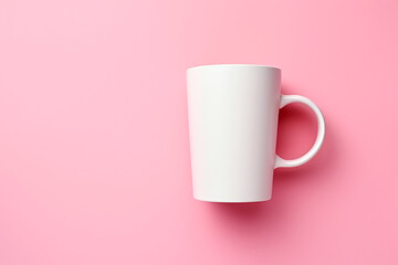 White mug on a pink background. Flat lay, top view. - obrazy, fototapety, plakaty