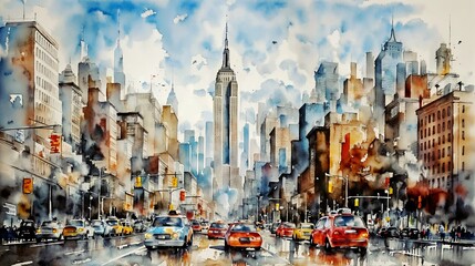 New York Cityscape Serenade: Watercolor Illustrations of Capital Streets - obrazy, fototapety, plakaty