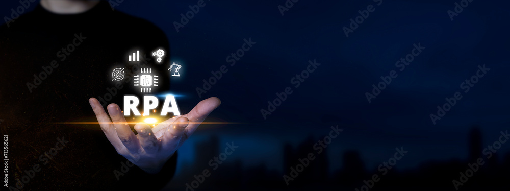 Poster rpa. man holds automation icons. robotic process automation, streamlined workflows on virtual rpa te