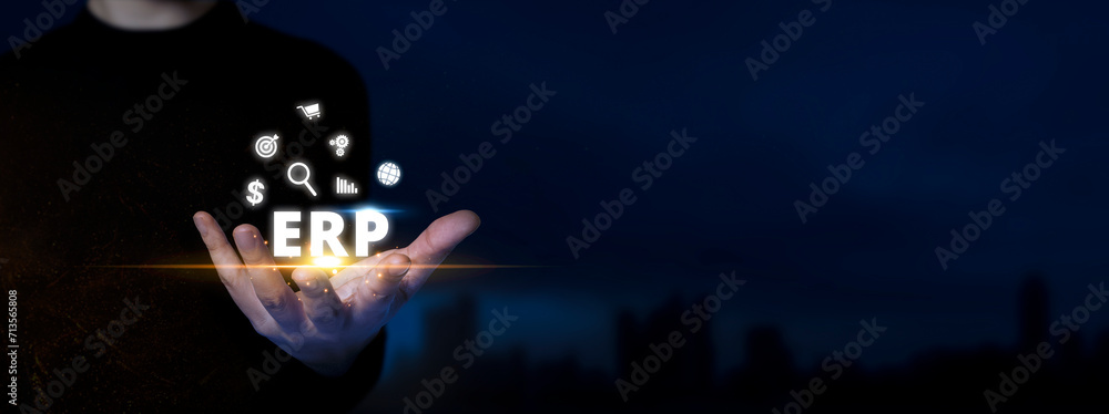 Poster enterprise resource planning (erp). man holds integration icons. streamlined processes, efficient ma