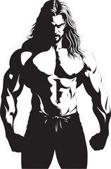 Power in Mane Muscular Bodybuilder Emblem Dynamic Definition Long Haired Bodybuilder Icon