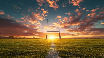 Goal posts for rugby union or league on field at sunset - obrazy, fototapety, plakaty