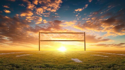 Goal posts for rugby union or league on field at sunset - obrazy, fototapety, plakaty