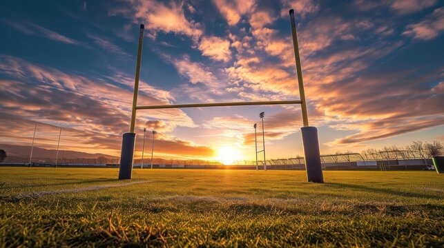Goal posts for rugby union or league on field at sunset