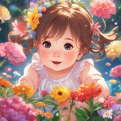 Obraz na płótnie Canvas Portrait of a Happy Baby Girl with Flowers