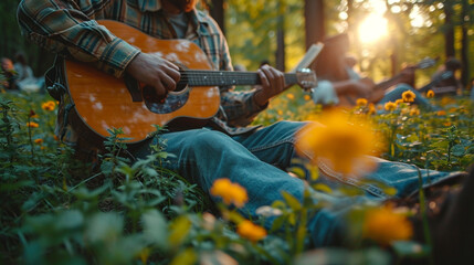 Fototapeta premium Young man playing guitar in nature