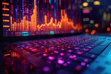 Close up of notebook keyboard with creative glowing forex chart on blurry background. Trade, finance, economy, stats. Double exposure