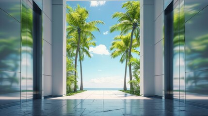 Elevator doors open to reveal a paved road flanked by palm trees on a sunny day - obrazy, fototapety, plakaty