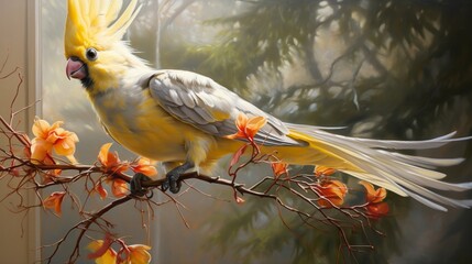 Sunny Showcase: Vibrant Cockatiel Perched in a Sunlit Room - AI-Generative - obrazy, fototapety, plakaty