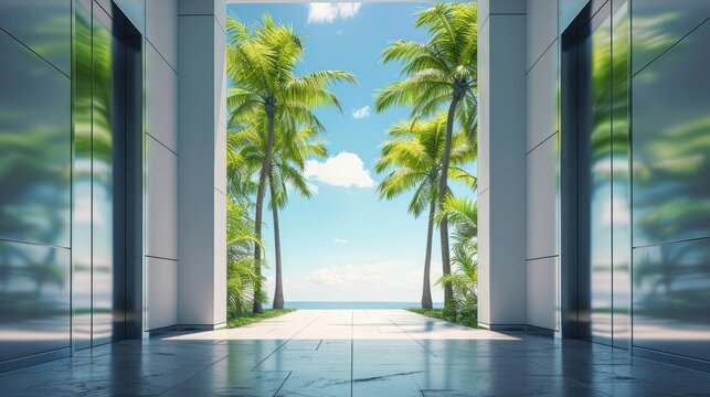 Elevator doors open to reveal a paved road flanked by palm trees on a sunny day