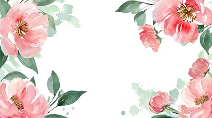 Meubelstickers Pink peones watercolor with soft green leaves wreath. White background with copy space © Idressart