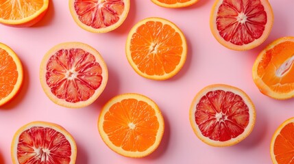 Red oranges on pink background from above