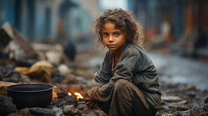 Little homeless, poor child on the street with a plate, hunger, hopelessness