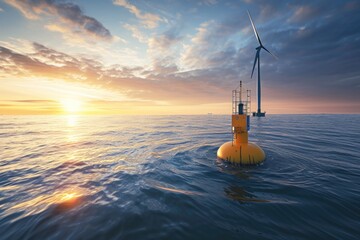 Wave energy converter floats on the ocean's surface. Wind turbine stands tall against the horizon. Ocean and wind energy technologies clean power generation. - obrazy, fototapety, plakaty