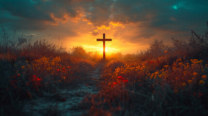 A wooden Christian cross seen from a field of flowers - obrazy, fototapety, plakaty